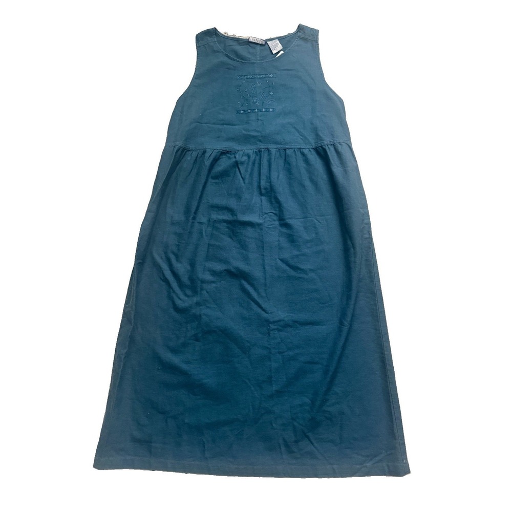 NWT- Erika Sz 1X Linen Cotton Embroidered Maxi‎ Dress Blue Cottage Granny 1990s